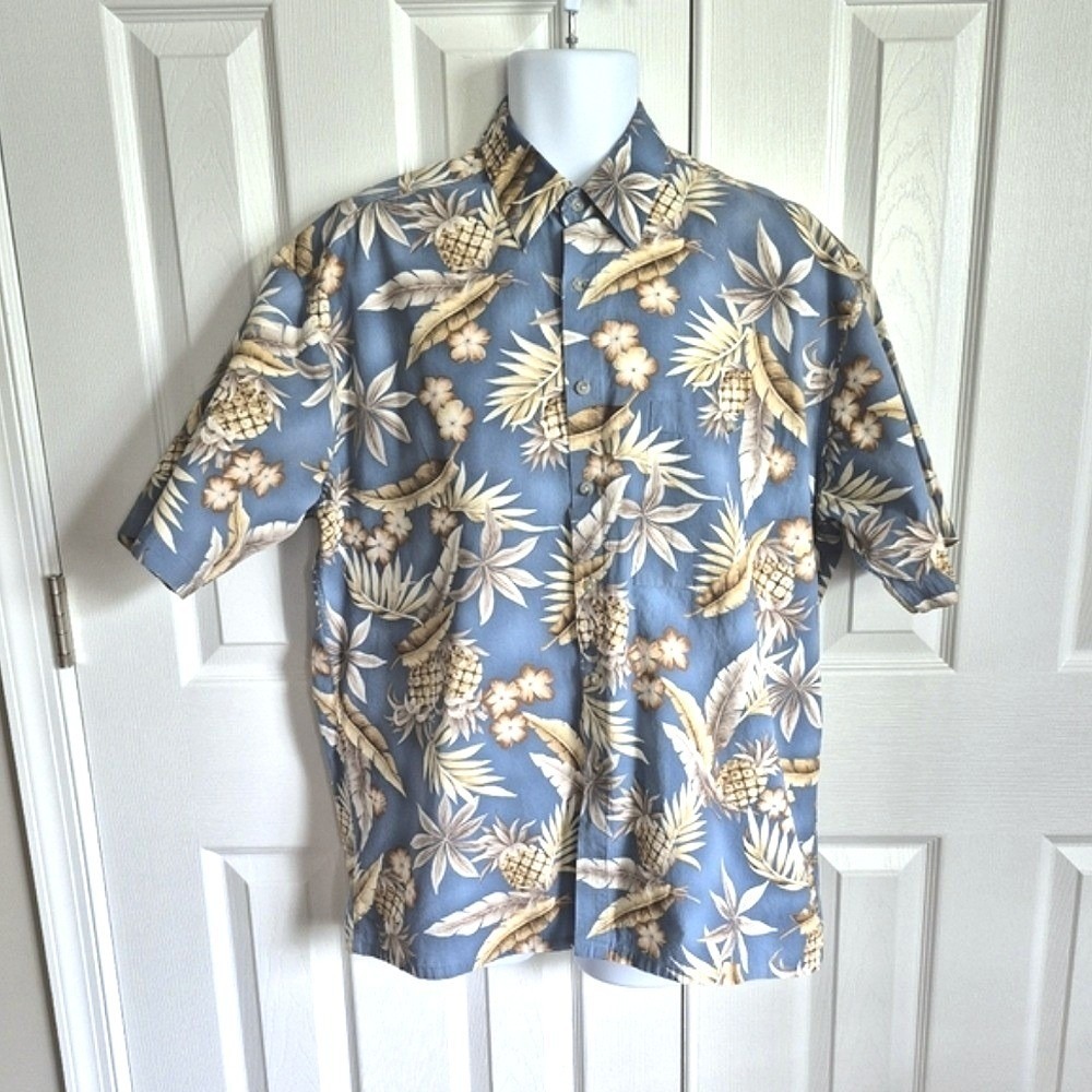 Vintage‎ Campia 100% Cotton Button Down Light Blue Tan Hawaiian Shirt Mens L